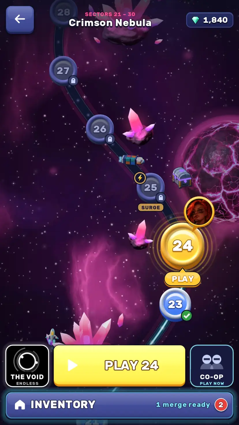 Merge Raiders gameplay: Sector map with the Play button and co-op entry