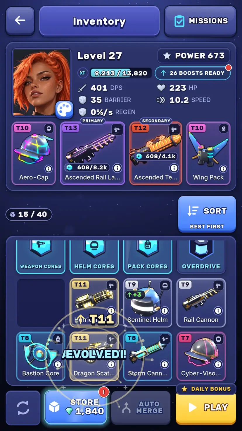 Merge Raiders gameplay: Inventory with weapons, helms and packs to merge