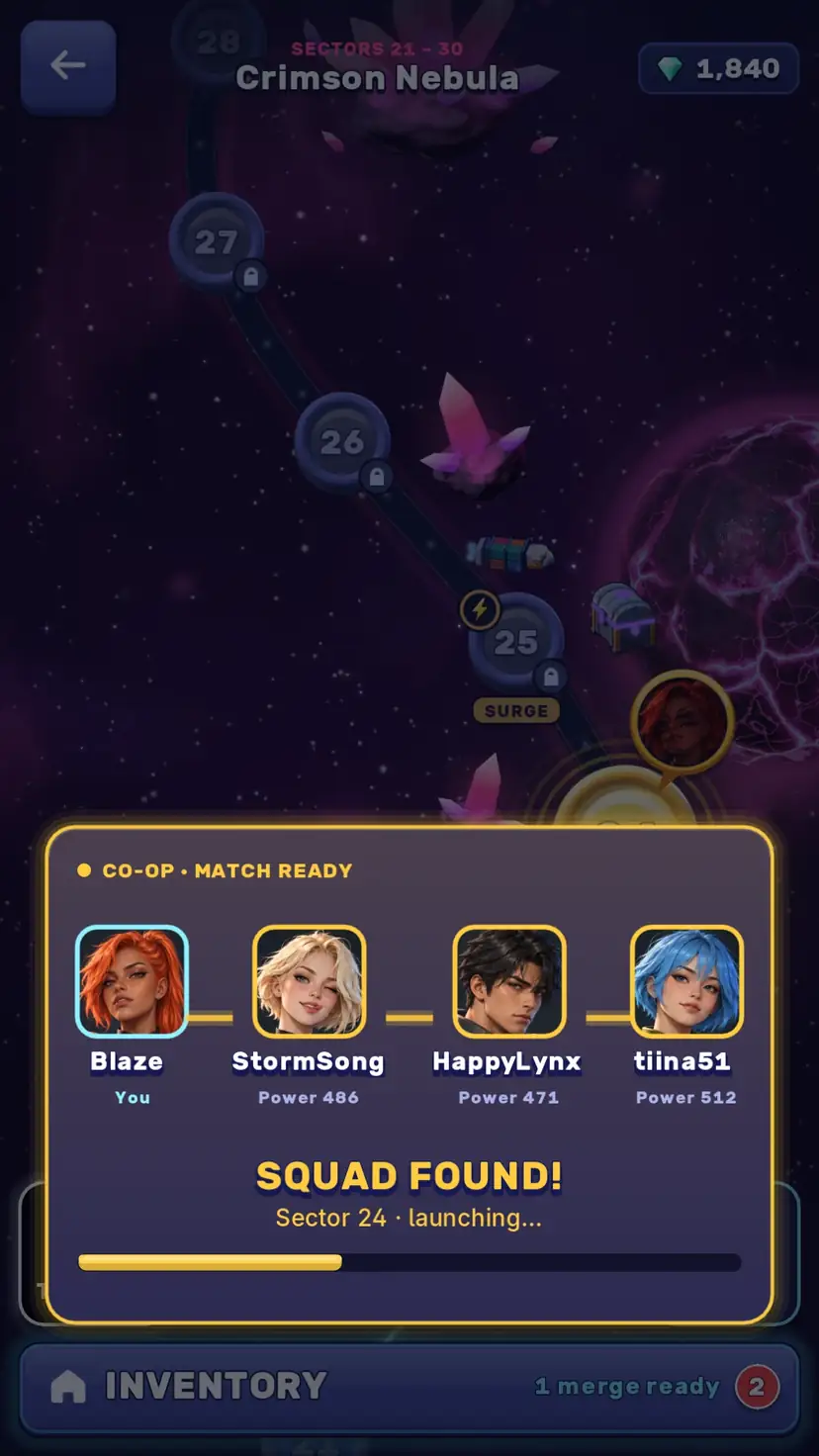 Merge Raiders gameplay: Co-op squad found, sector launching